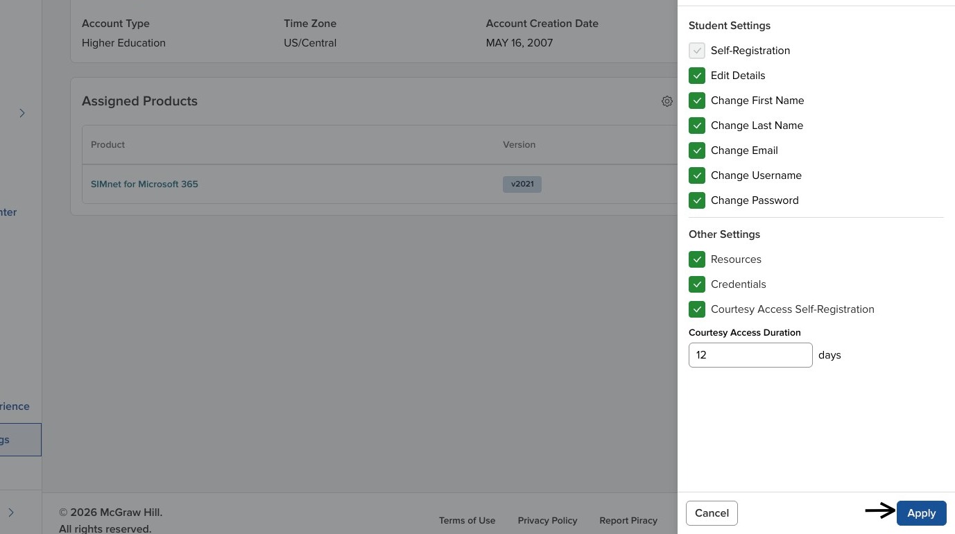 Options side panel showing Other Settings including Resources, Credentials, and Courtesy Access settings, with arrows pointing to the available setting options.